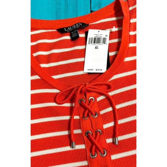 NEW-Ralph Lauren XL Womens Top Waffle-Knit Orange Striped Puff-Sleeve Shirt-$79 - Picture 2 of 11